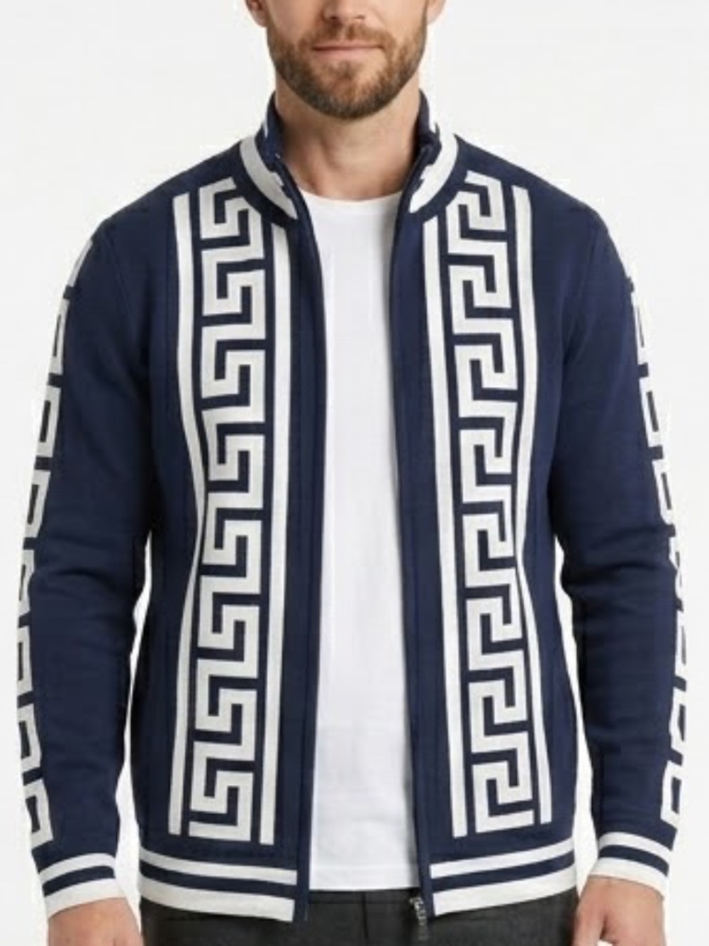 Full Zip Sweater Knit Cotton Blend Navy Men L Prestige Original